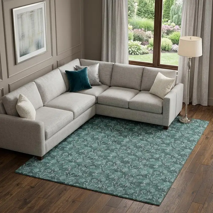 Teal And Ivory Floral Washable Area Rug With UV Protection Photo 1