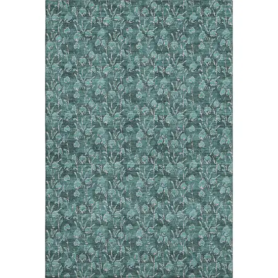 Teal And Ivory Floral Washable Area Rug With UV Protection Photo 2