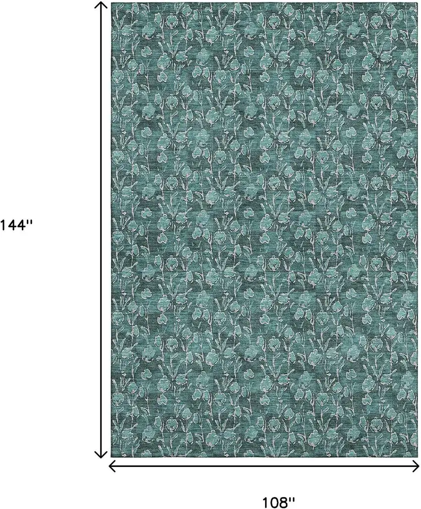 Teal And Ivory Floral Washable Area Rug With UV Protection Photo 3