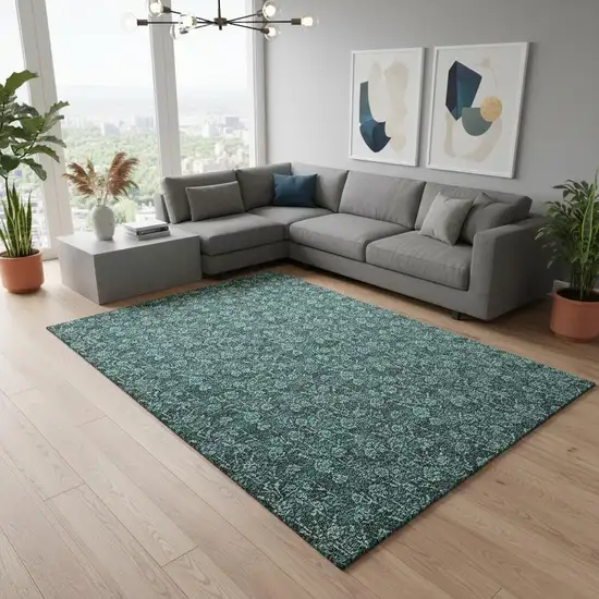 Teal And Ivory Floral Washable Area Rug With UV Protection Photo 1