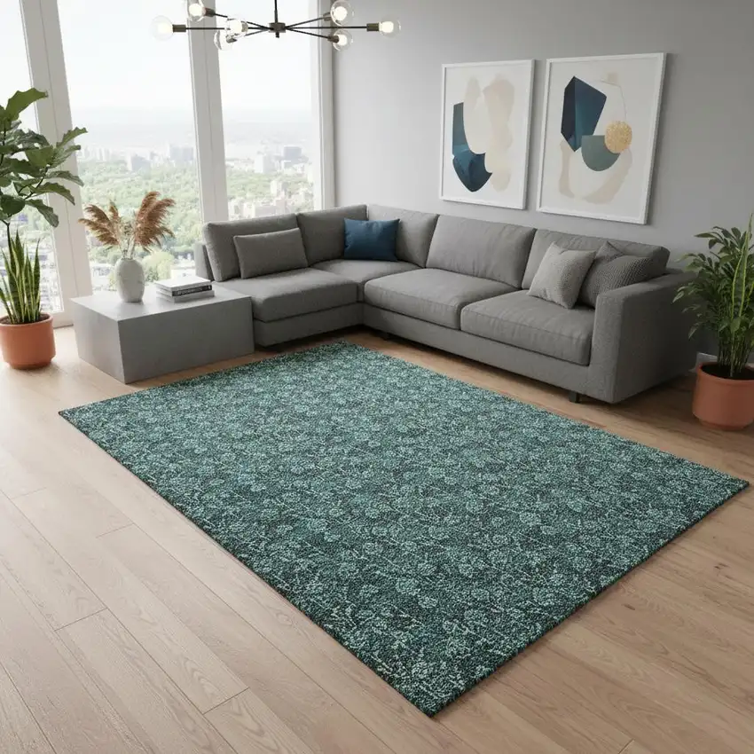 Teal And Ivory Floral Washable Area Rug With UV Protection Photo 1