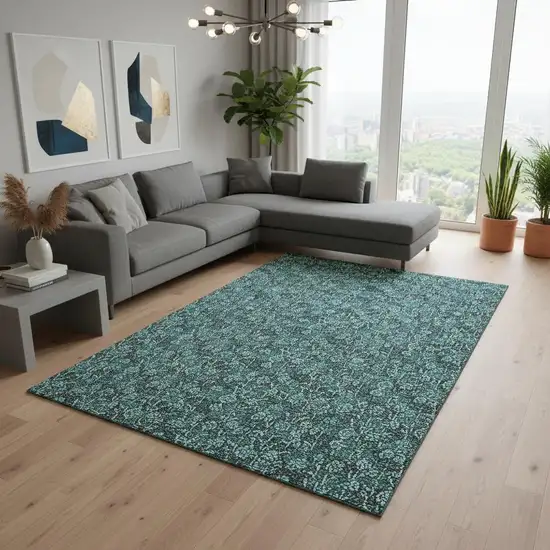 Teal And Ivory Floral Washable Area Rug With UV Protection Photo 1