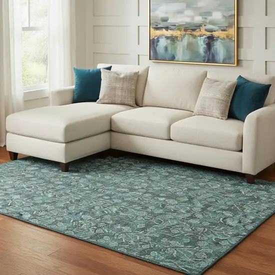Teal And Ivory Floral Washable Area Rug With UV Protection Photo 1