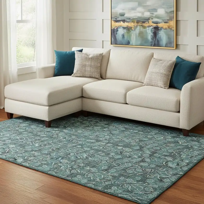 Teal And Ivory Floral Washable Area Rug With UV Protection Photo 1