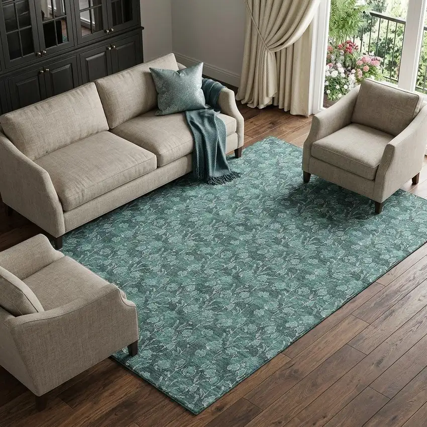 Teal And Ivory Floral Washable Area Rug With UV Protection Photo 1