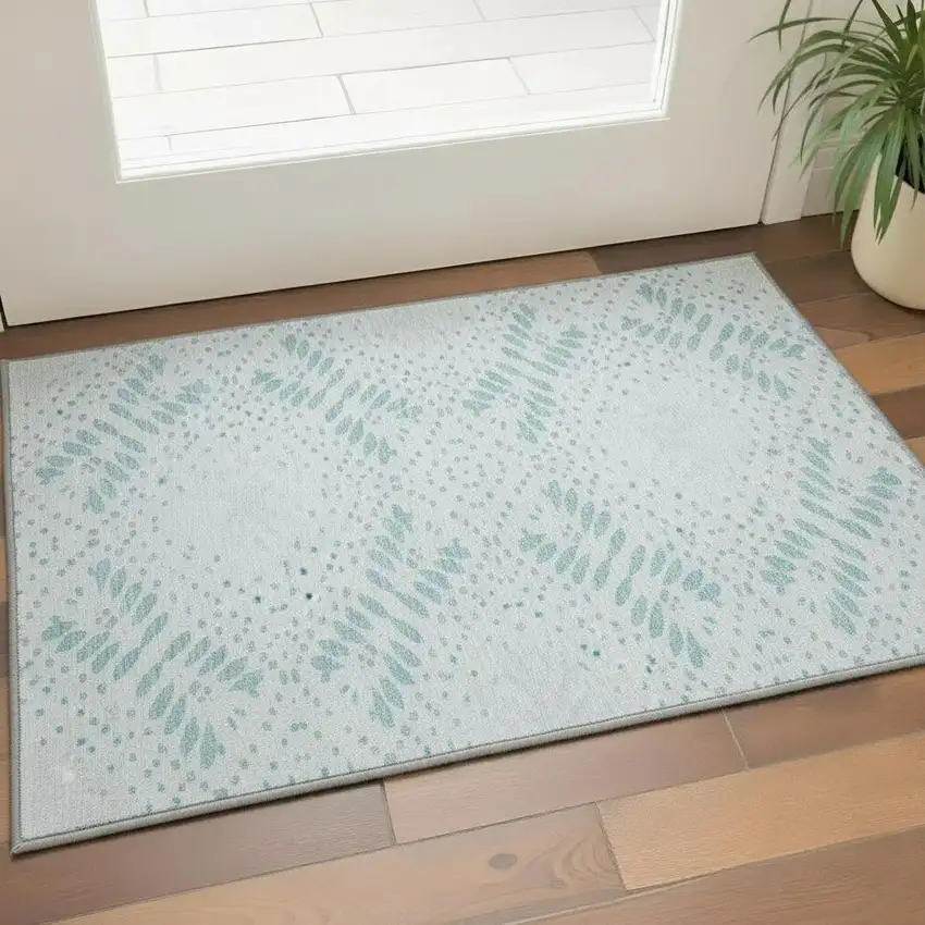 Teal And Ivory Floral Washable Area Rug With UV Protection Photo 2