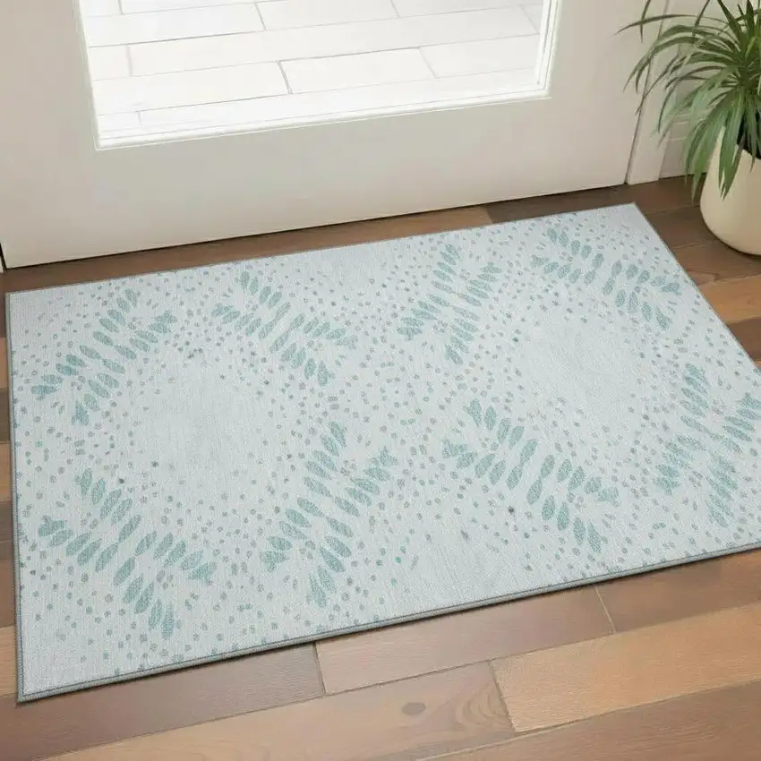 Teal And Ivory Floral Washable Area Rug With UV Protection Photo 1