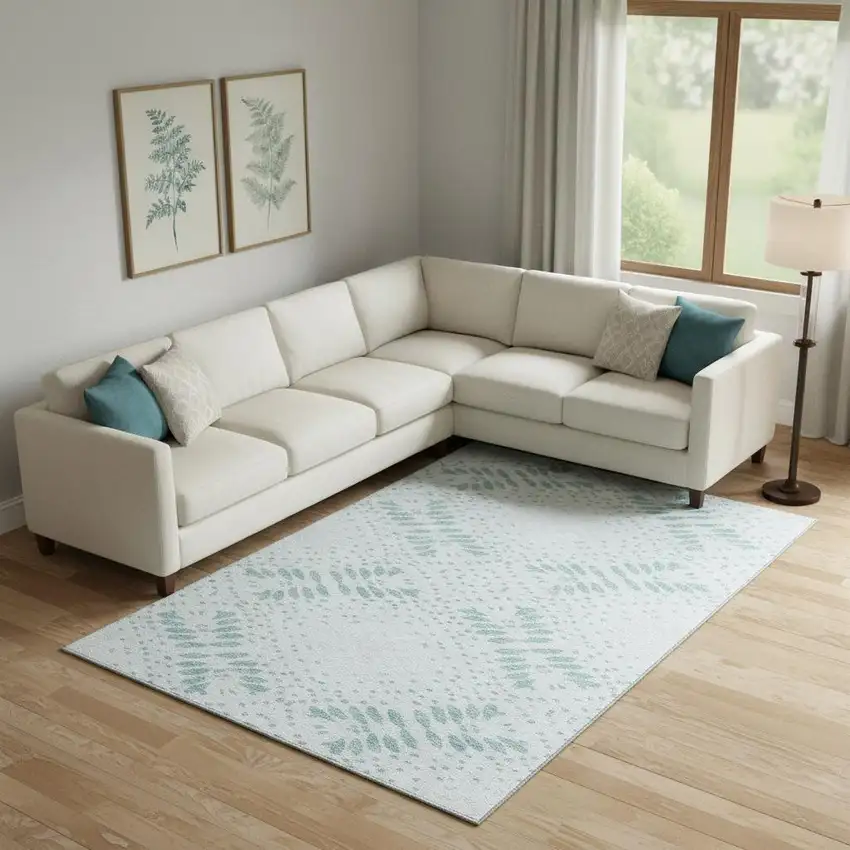 Teal And Ivory Floral Washable Area Rug With UV Protection Photo 1