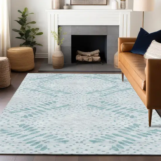 Teal And Ivory Floral Washable Area Rug With UV Protection Photo 6