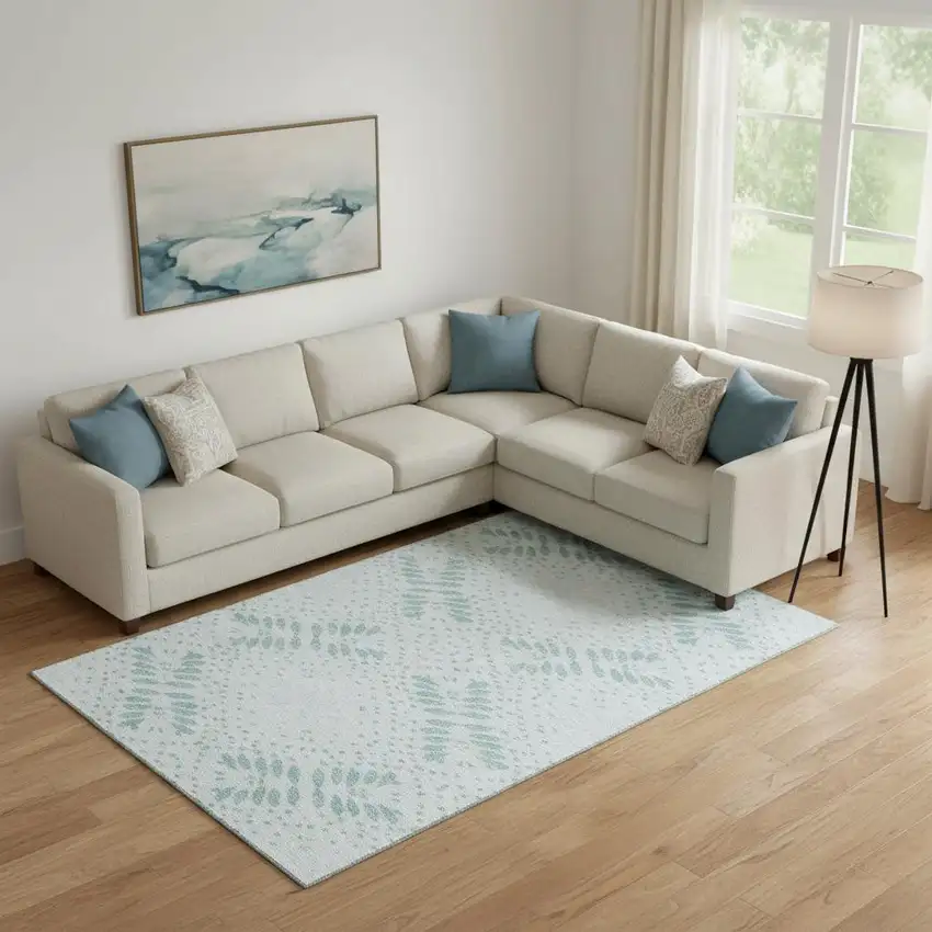 Teal And Ivory Floral Washable Area Rug With UV Protection Photo 1
