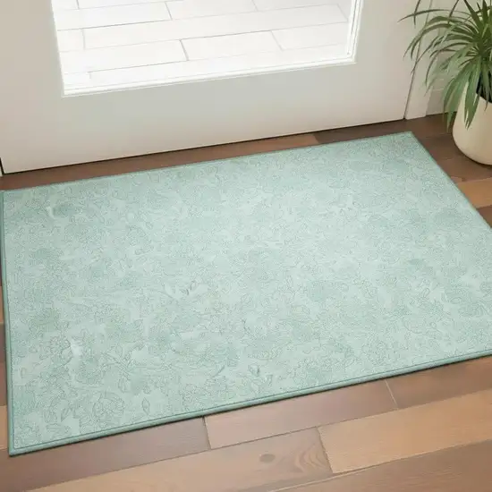 Teal And Ivory Floral Washable Area Rug With UV Protection Photo 2