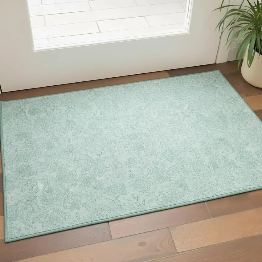 Teal And Ivory Floral Washable Area Rug With UV Protection Photo 2