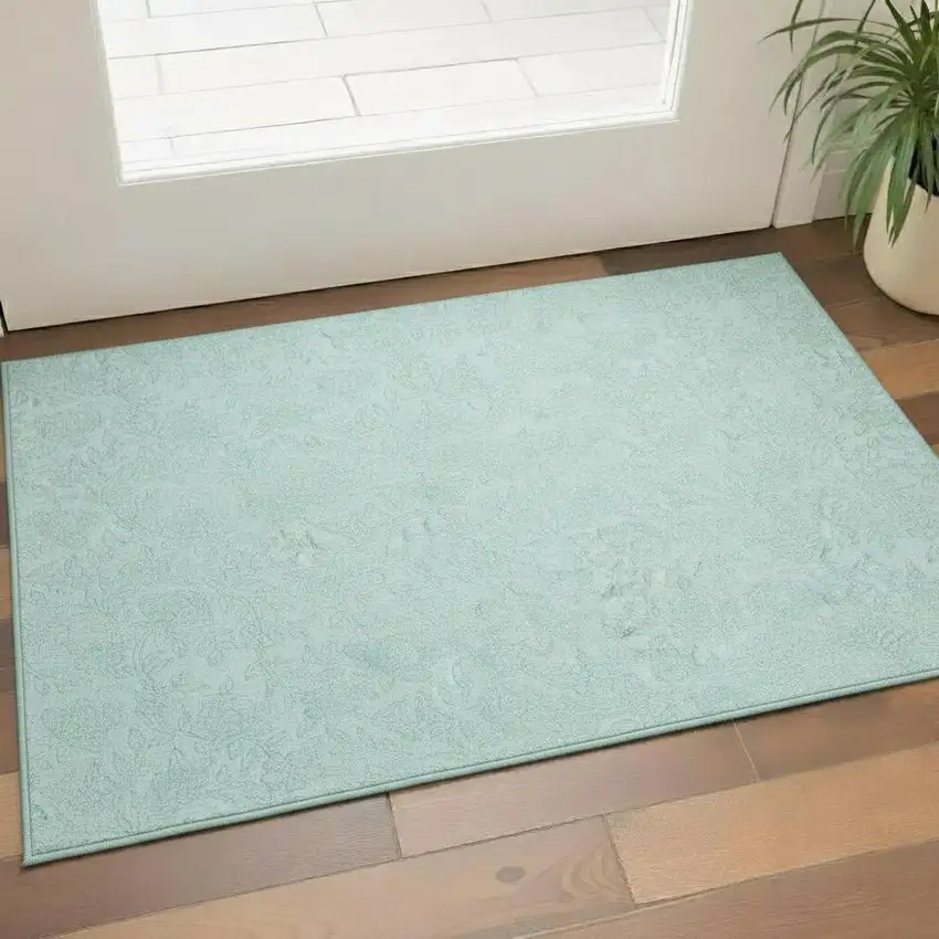 Teal And Ivory Floral Washable Area Rug With UV Protection Photo 1