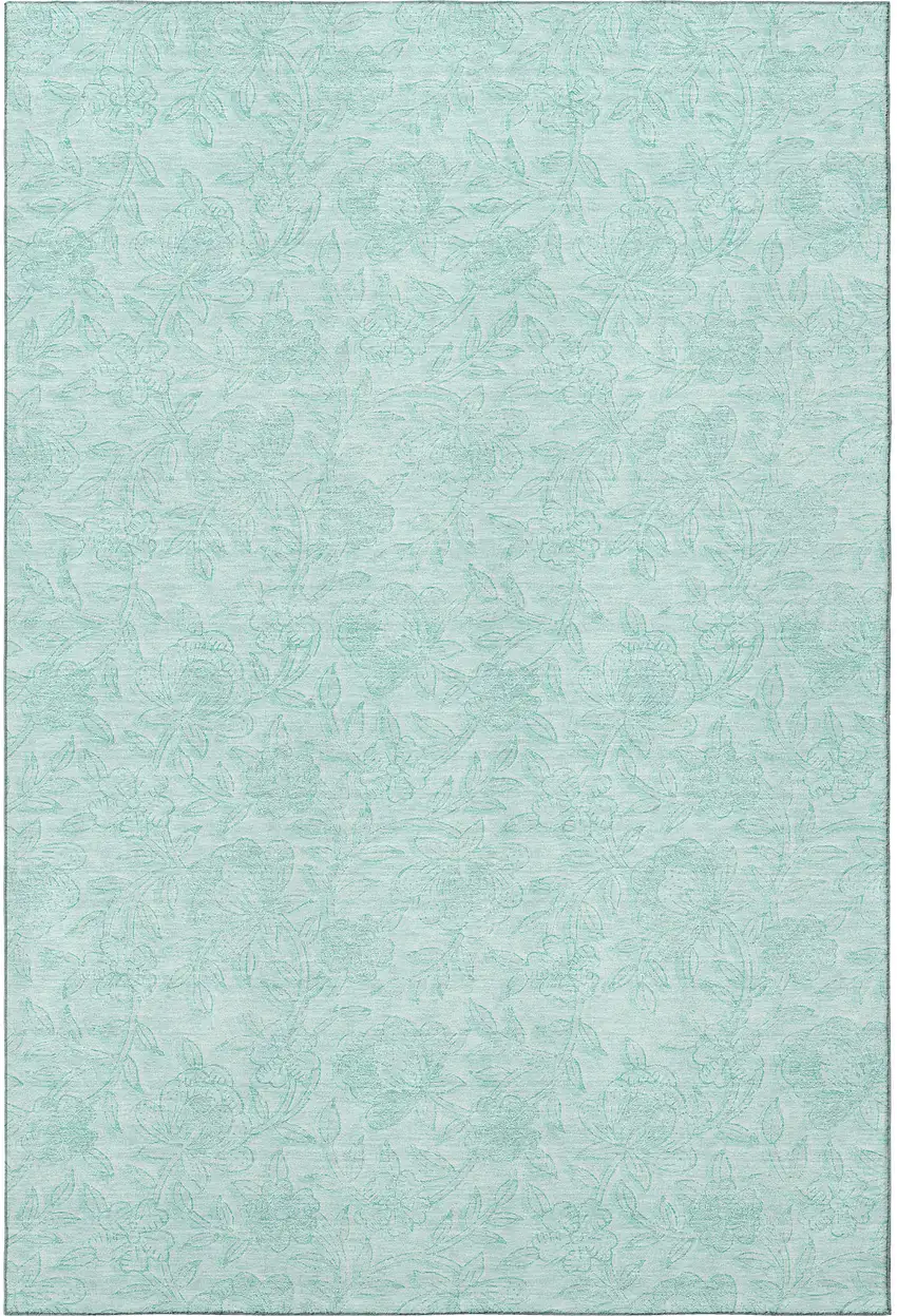 Teal And Ivory Floral Washable Area Rug With UV Protection Photo 3