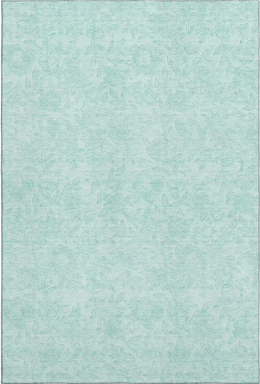 Teal And Ivory Floral Washable Area Rug With UV Protection Photo 1