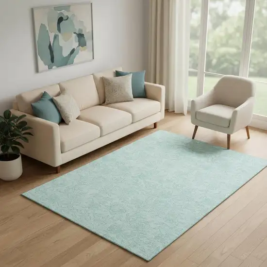 Teal And Ivory Floral Washable Area Rug With UV Protection Photo 1