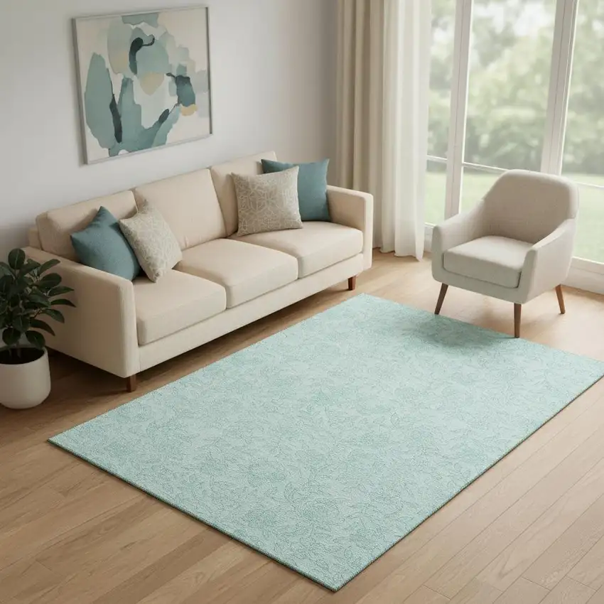 Teal And Ivory Floral Washable Area Rug With UV Protection Photo 1