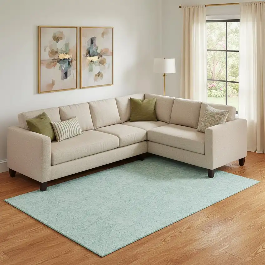 Teal And Ivory Floral Washable Area Rug With UV Protection Photo 1