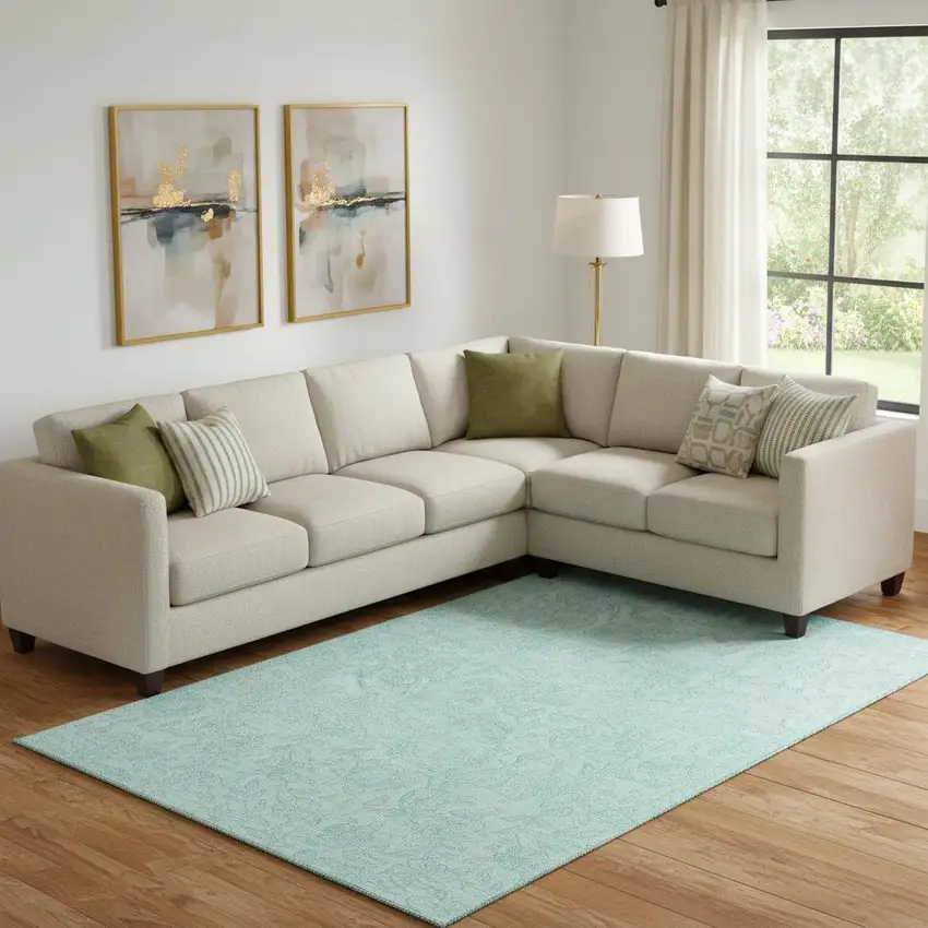 Teal And Ivory Floral Washable Area Rug With UV Protection Photo 1