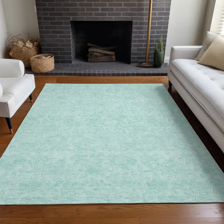 Teal And Ivory Floral Washable Area Rug With UV Protection Photo 4