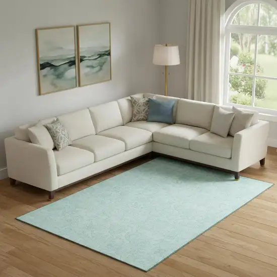 Teal And Ivory Floral Washable Area Rug With UV Protection Photo 1