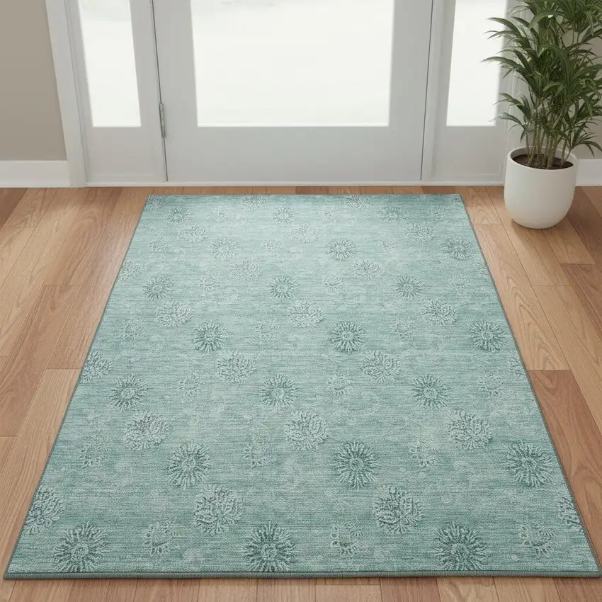 Teal And Ivory Floral Washable Area Rug With UV Protection Photo 2