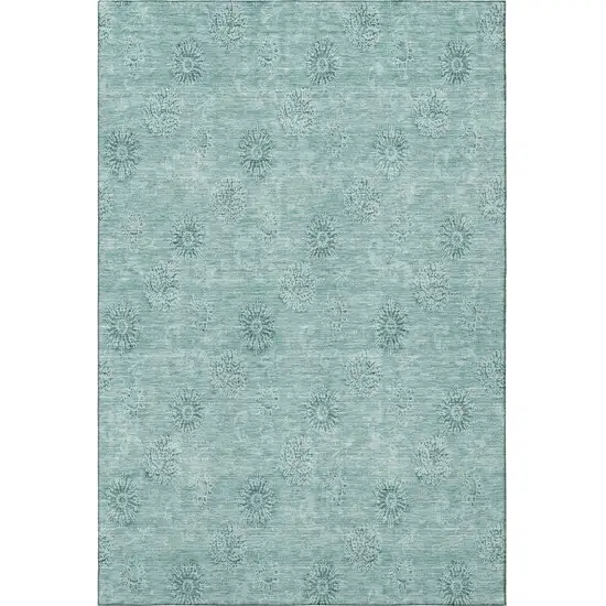 Teal And Ivory Floral Washable Area Rug With UV Protection Photo 4
