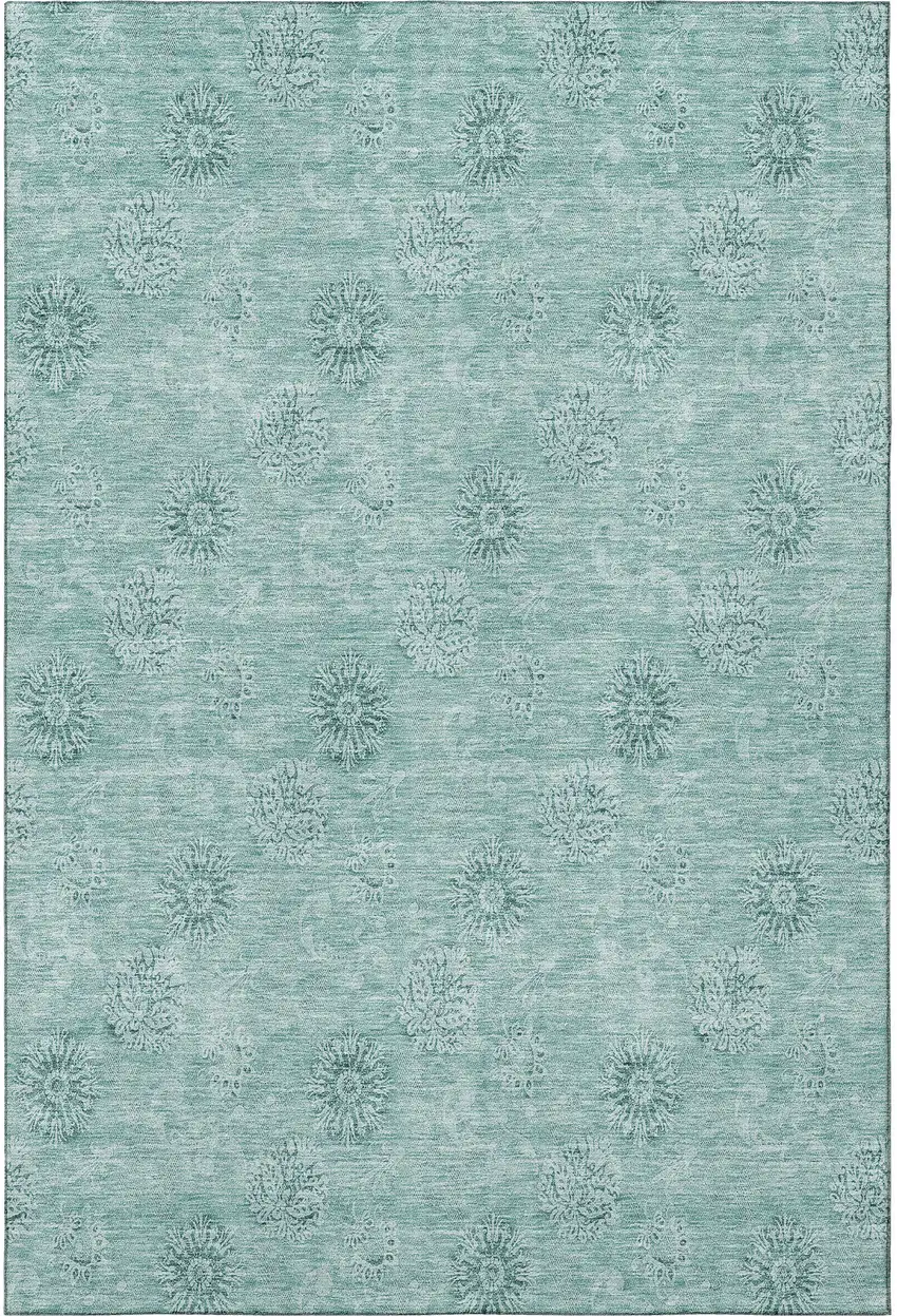 Teal And Ivory Floral Washable Area Rug With UV Protection Photo 4