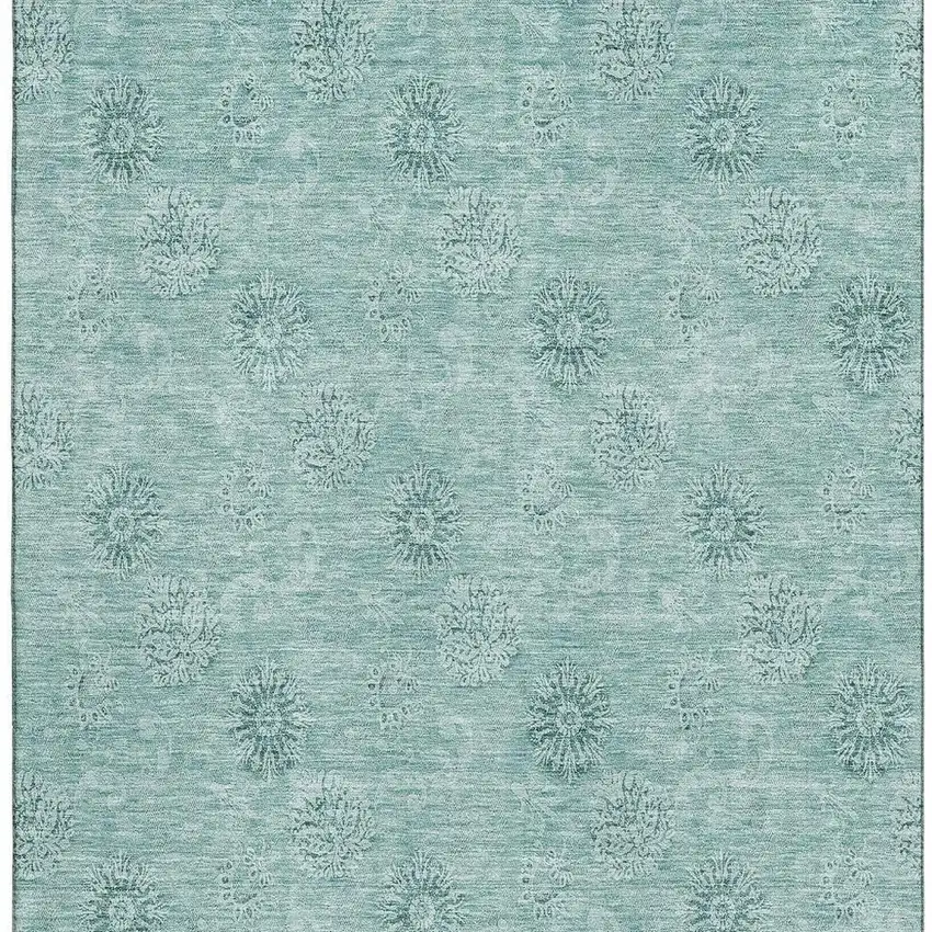 Teal And Ivory Floral Washable Area Rug With UV Protection Photo 4