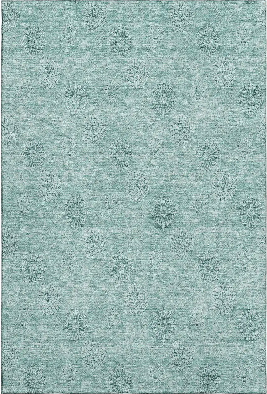 Teal And Ivory Floral Washable Area Rug With UV Protection Photo 1