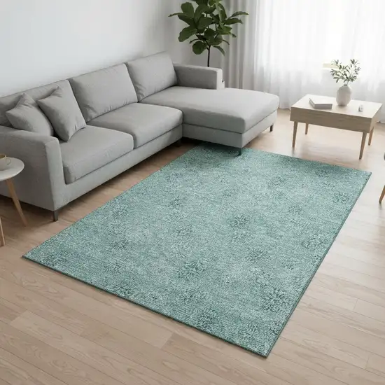 Teal And Ivory Floral Washable Area Rug With UV Protection Photo 2