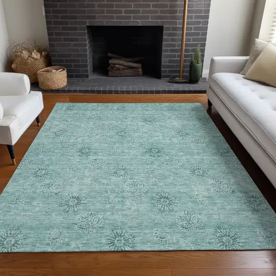 Teal And Ivory Floral Washable Area Rug With UV Protection Photo 6