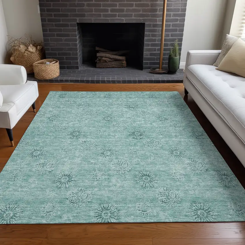 Teal And Ivory Floral Washable Area Rug With UV Protection Photo 6