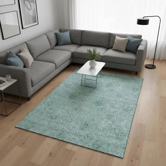 Teal And Ivory Floral Washable Area Rug With UV Protection Photo 2