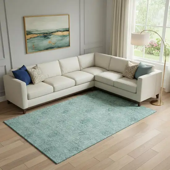 Teal And Ivory Floral Washable Area Rug With UV Protection Photo 1