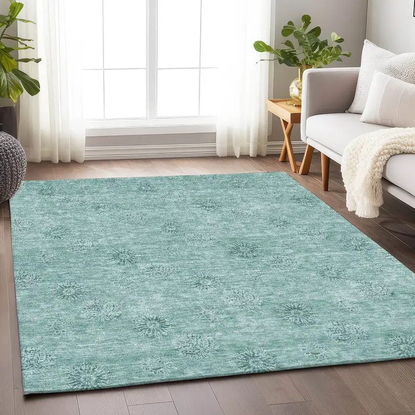 Teal And Ivory Floral Washable Area Rug With UV Protection Photo 6