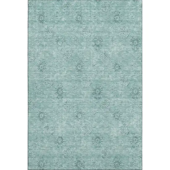 Teal And Ivory Floral Washable Area Rug With UV Protection Photo 1