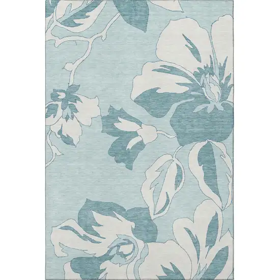 Teal And Ivory Floral Washable Area Rug With UV Protection Photo 4