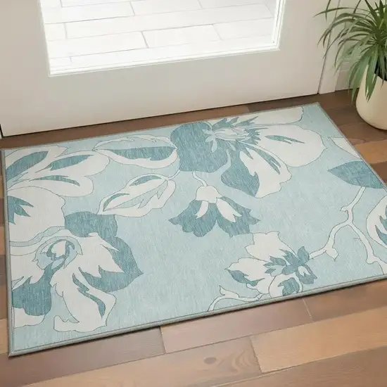 Teal And Ivory Floral Washable Area Rug With UV Protection Photo 2