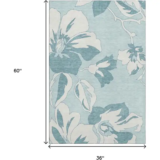 Teal And Ivory Floral Washable Area Rug With UV Protection Photo 3