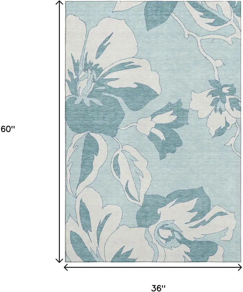 Teal And Ivory Floral Washable Area Rug With UV Protection Photo 3