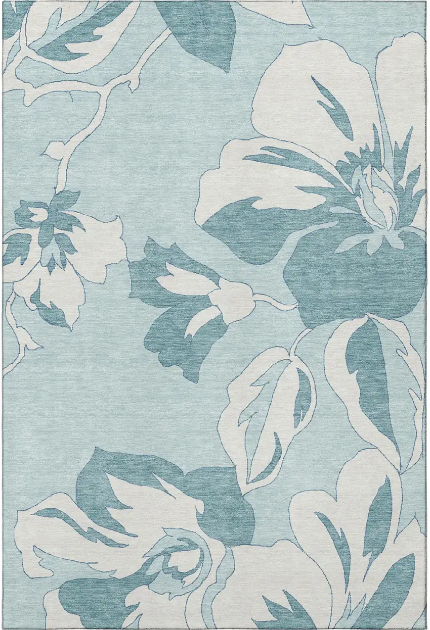 Teal And Ivory Floral Washable Area Rug With UV Protection Photo 3