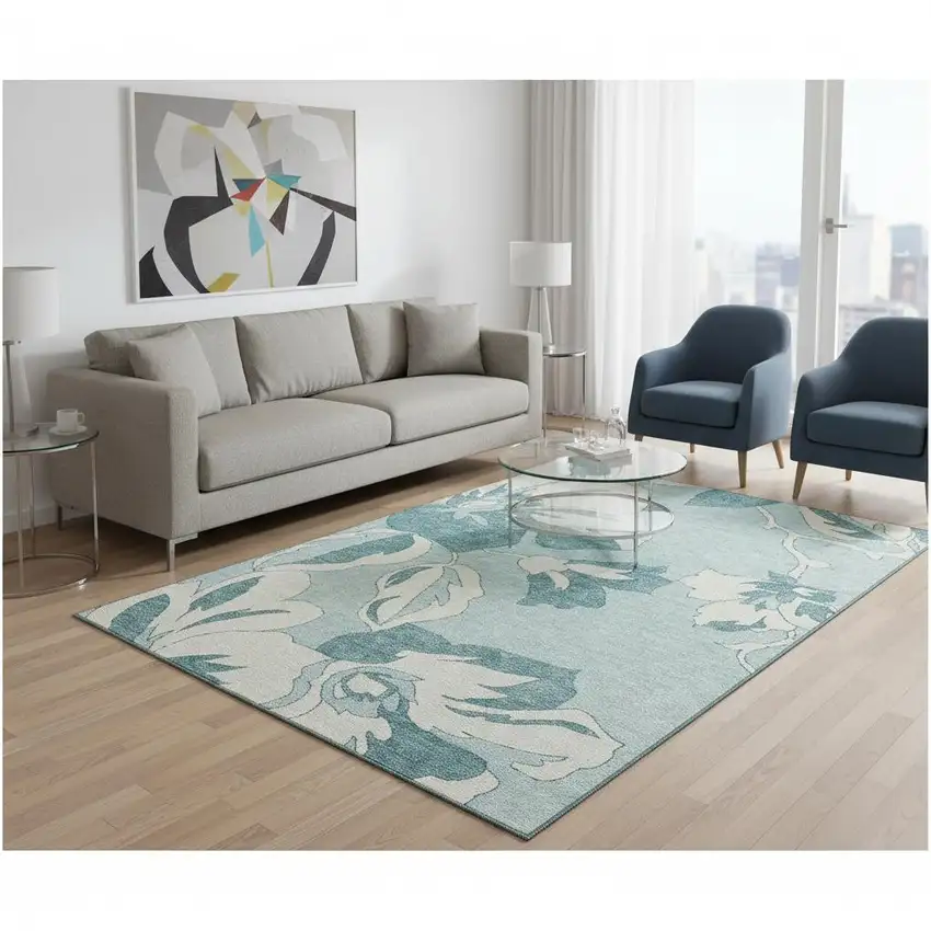 Teal And Ivory Floral Washable Area Rug With UV Protection Photo 2
