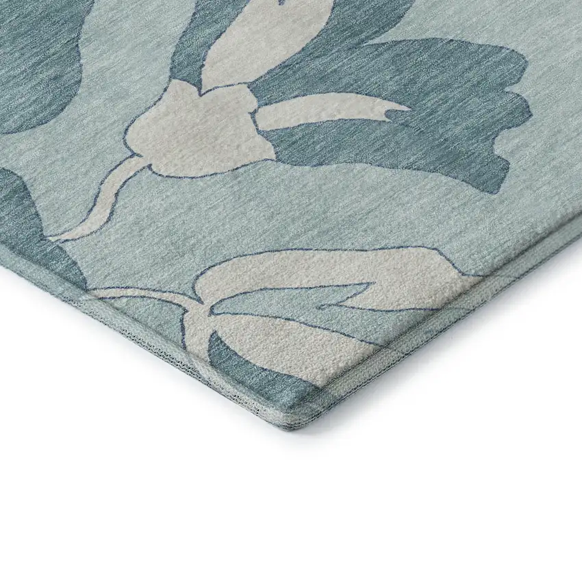 Teal And Ivory Floral Washable Area Rug With UV Protection Photo 7