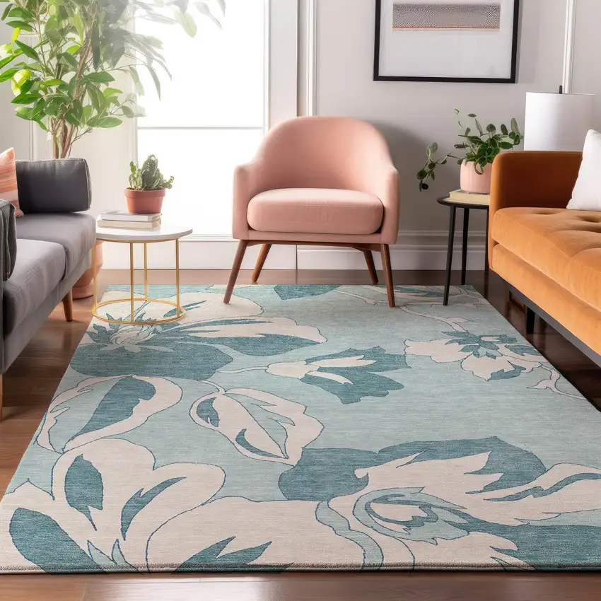 Teal And Ivory Floral Washable Area Rug With UV Protection Photo 4