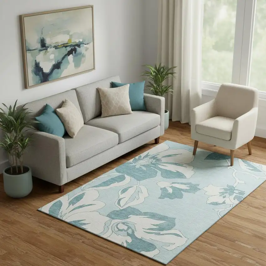 Teal And Ivory Floral Washable Area Rug With UV Protection Photo 1