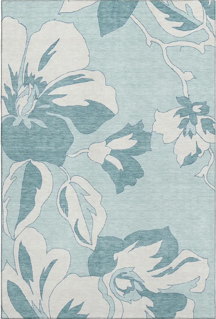 Teal And Ivory Floral Washable Area Rug With UV Protection Photo 1