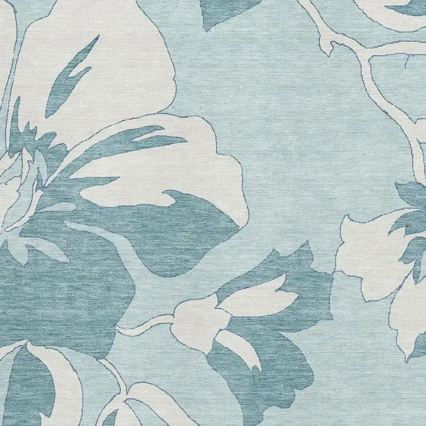 Teal And Ivory Floral Washable Area Rug With UV Protection Photo 3