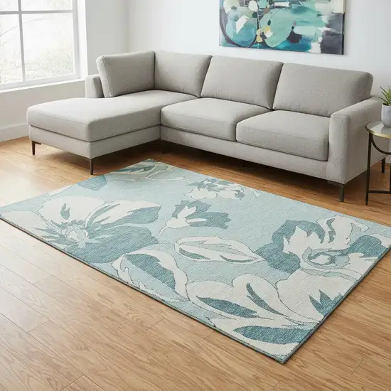 Teal And Ivory Floral Washable Area Rug With UV Protection Photo 2