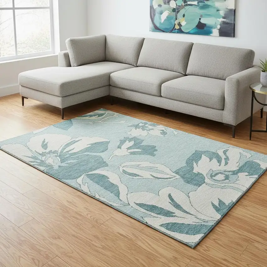 Teal And Ivory Floral Washable Area Rug With UV Protection Photo 2